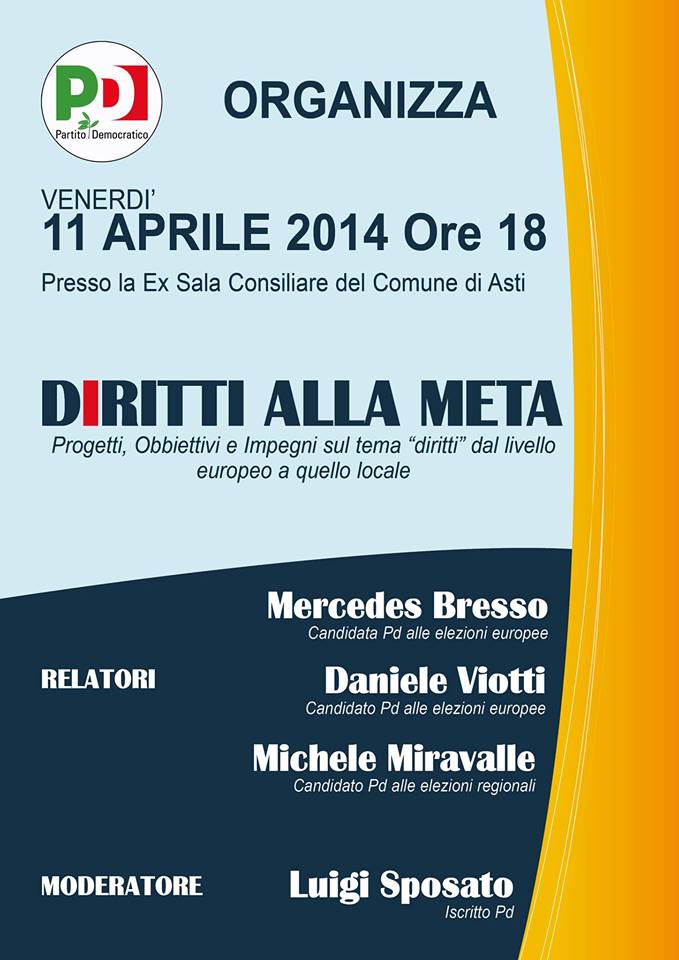 “Diritti alla meta” oggi ad Asti con Mercedes Bresso, Daniele Viotti e Michele Miravalle