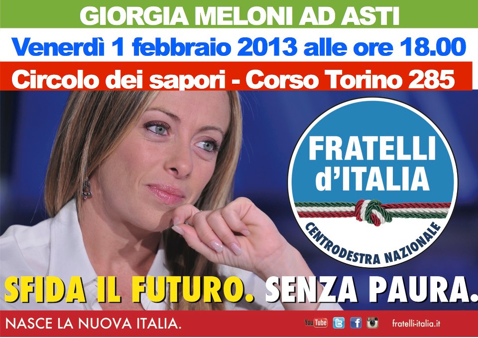 Elezioni, Giorgia Meloni ad Asti il 1° febbraio