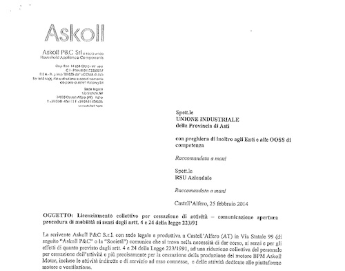 Lettera di licenziamento collettivo ai lavoratori dell’Askoll