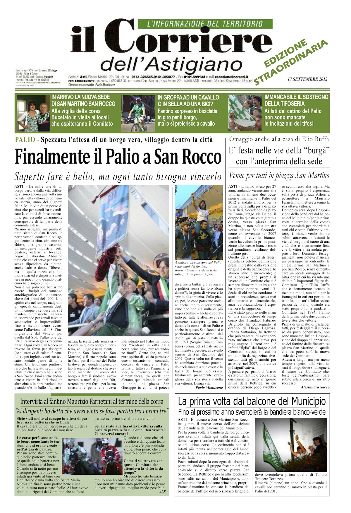 Un’edizione straordinaria della prima pagina del Corriere dell’Astigiano per festeggiare San Martino San Rocco