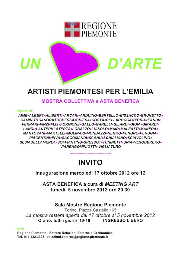 Da domani “Un cuore d’arte. Artisti piemontesi per l’Emilia”