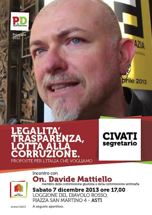 Primarie Pd. Davide Mattiello ad Asti per presentare la Mozione Civati