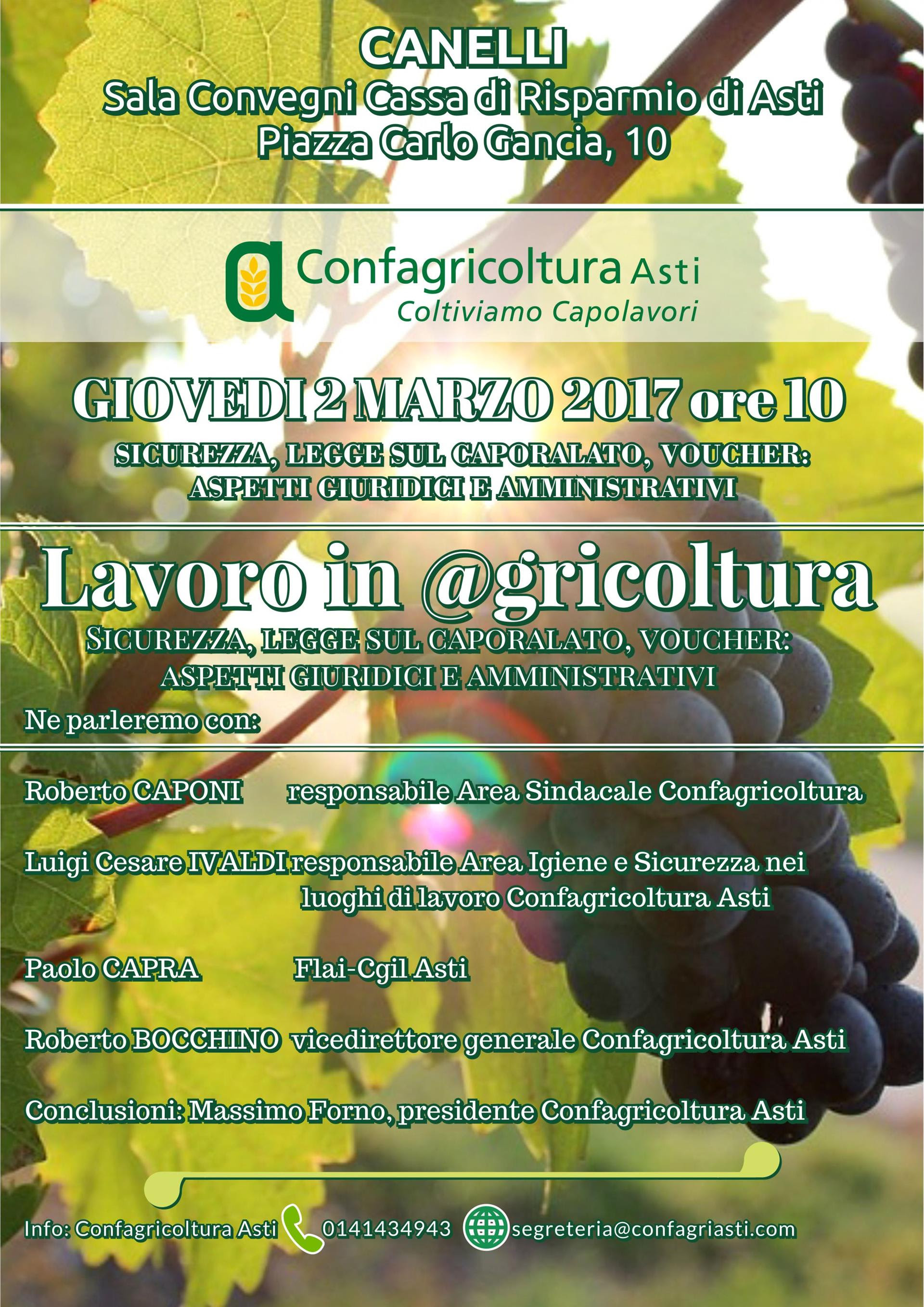 “Lavoro in agricoltura”: un convegno di Confagricoltura Asti a Canelli