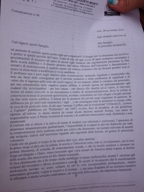 Ollino e Bella intervengono sulla lettera inviata agli studenti dal preside Marino