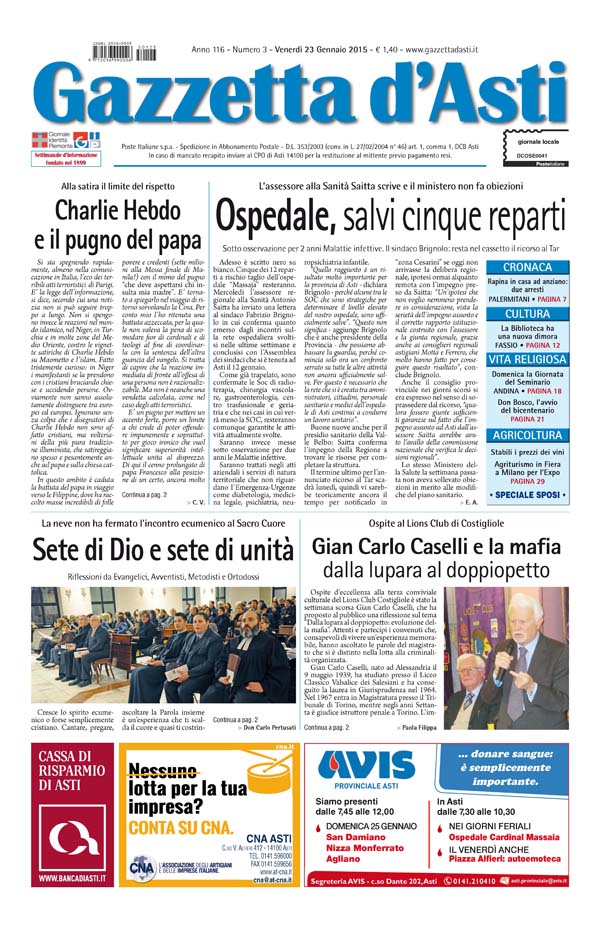 Prima pagina – 23 gennaio 2015