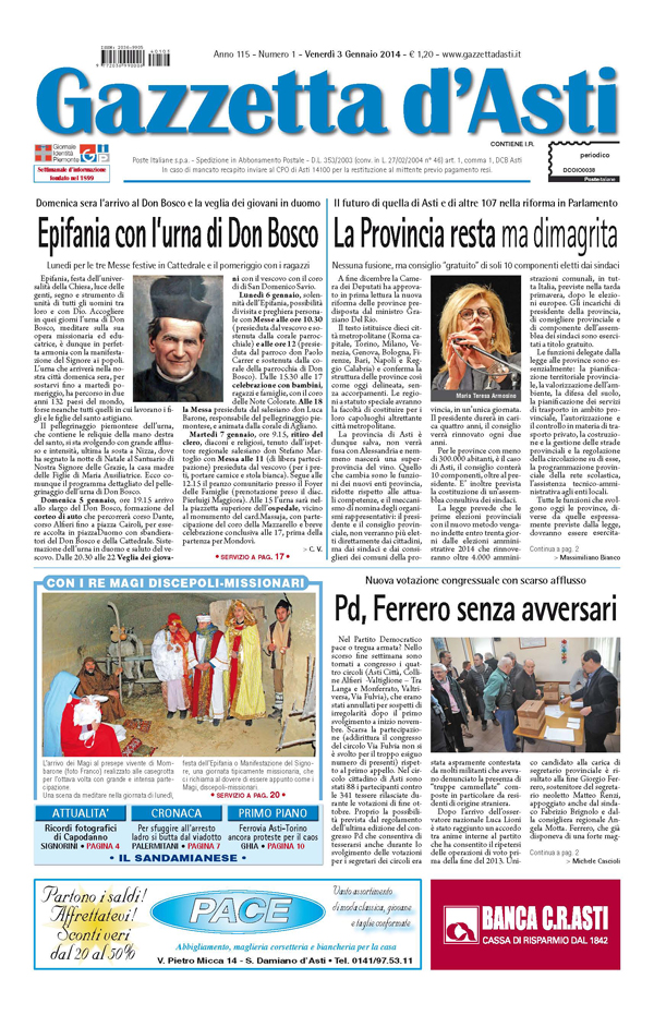 Prima pagina – 3 gennaio 2014