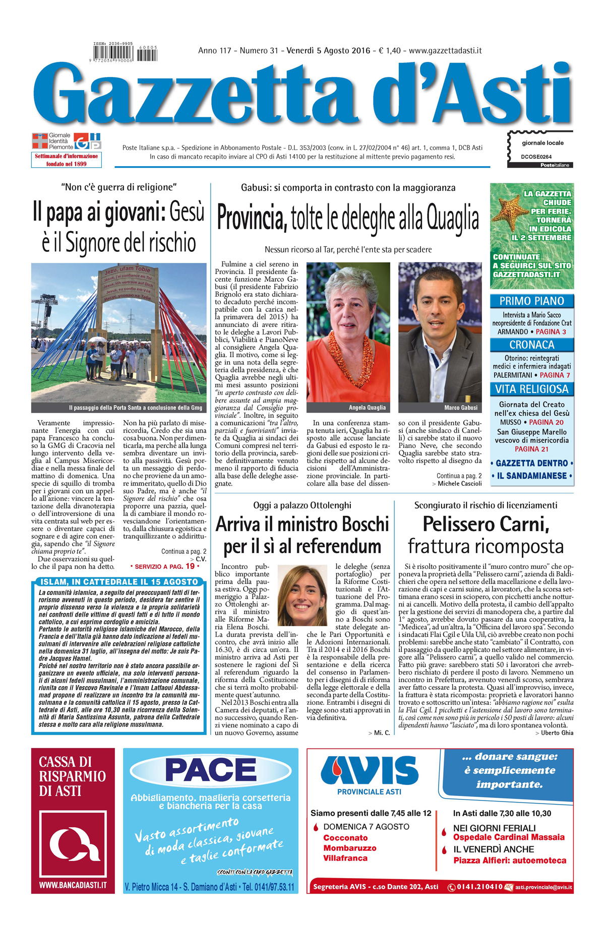 Prima pagina – 5 agosto 2016