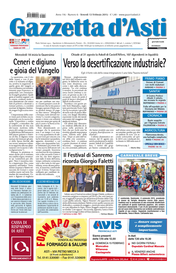 Prima pagina – 13 febbraio 2015