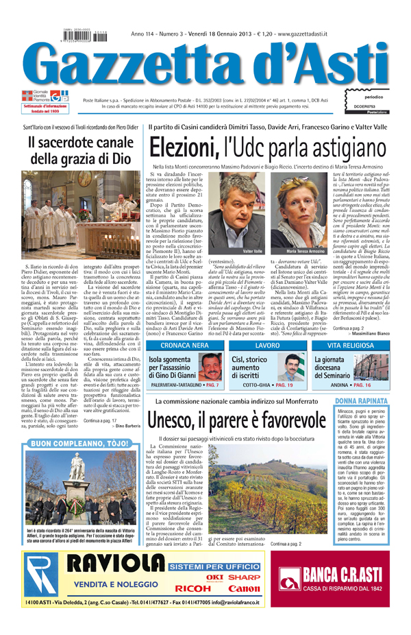 Prima pagina – 18 gennaio 2013