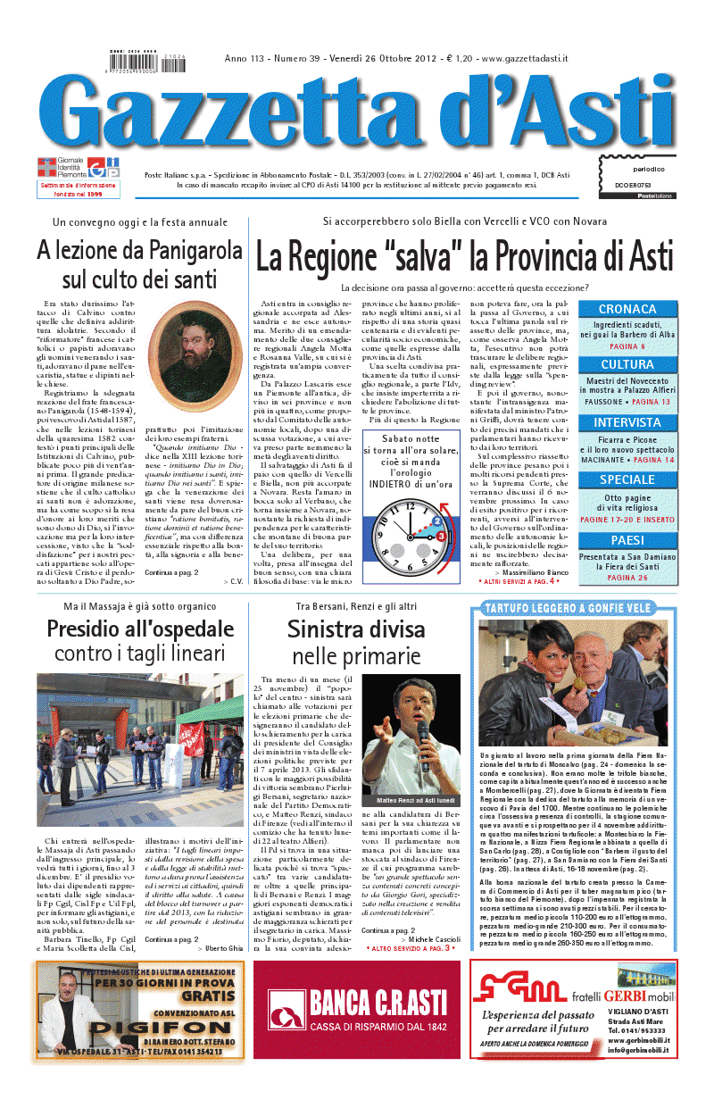 Prima pagina – 26 ottobre 2012