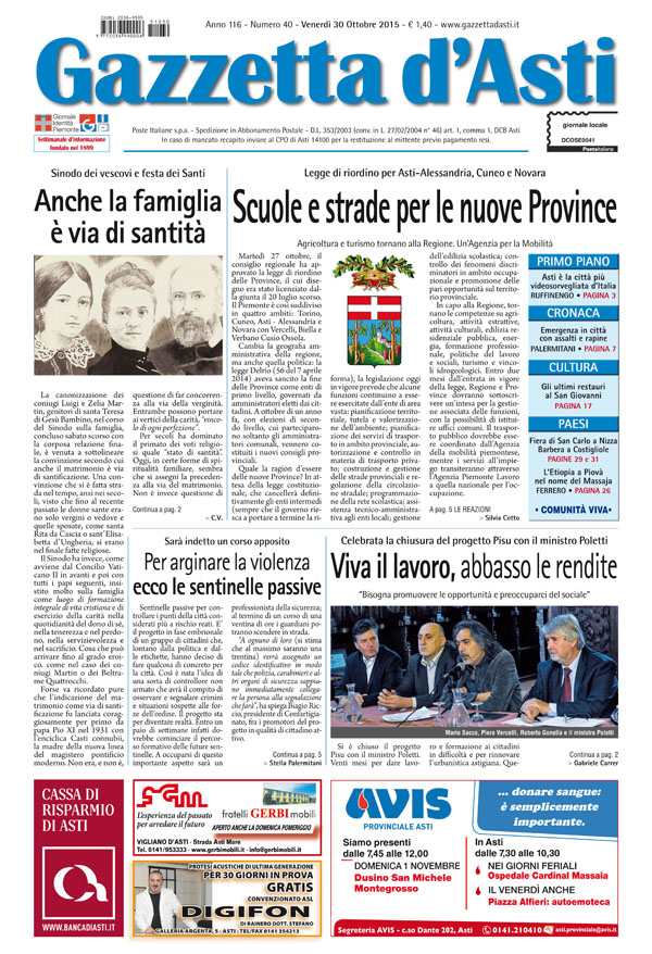 Prima pagina – 30 ottobre 2015