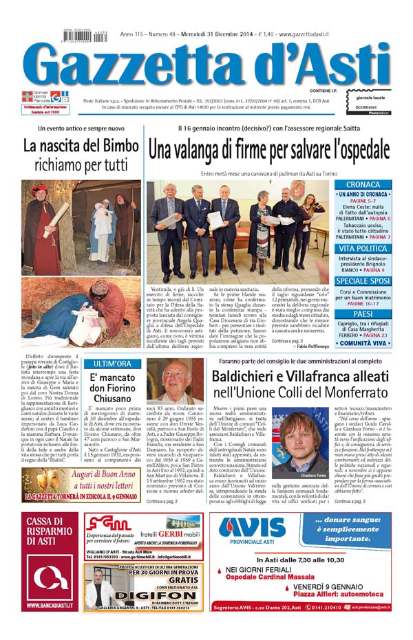 Prima pagina – 31 dicembre 2014