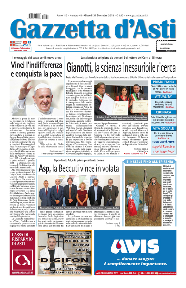 Prima pagina – 31 dicembre 2015