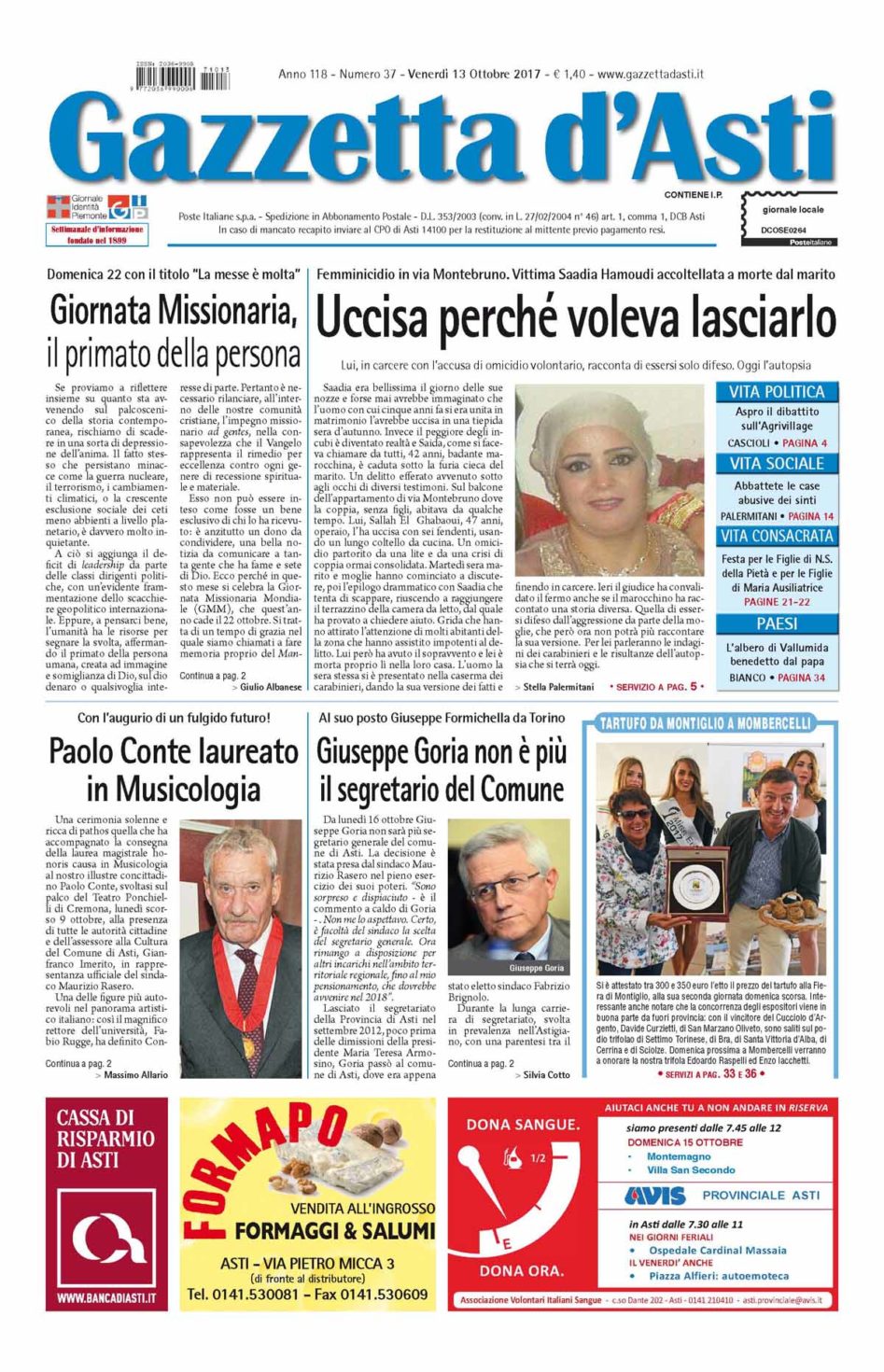 Prima pagina – 13 ottobre 2017