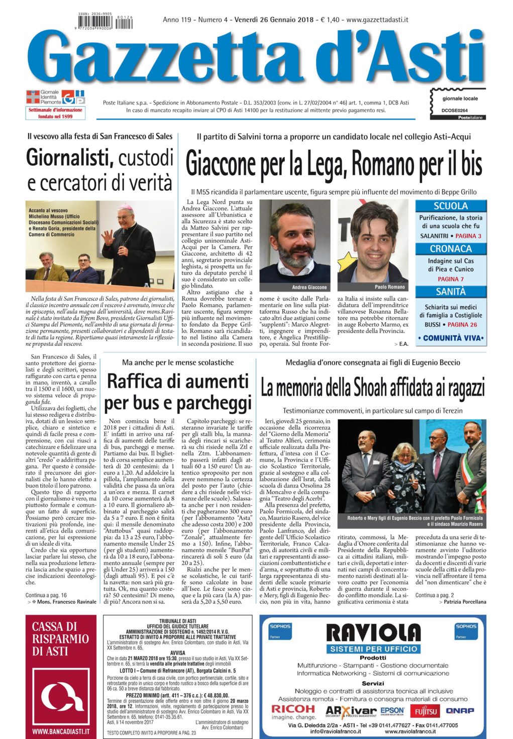 Prima pagina 26 gennaio 2018