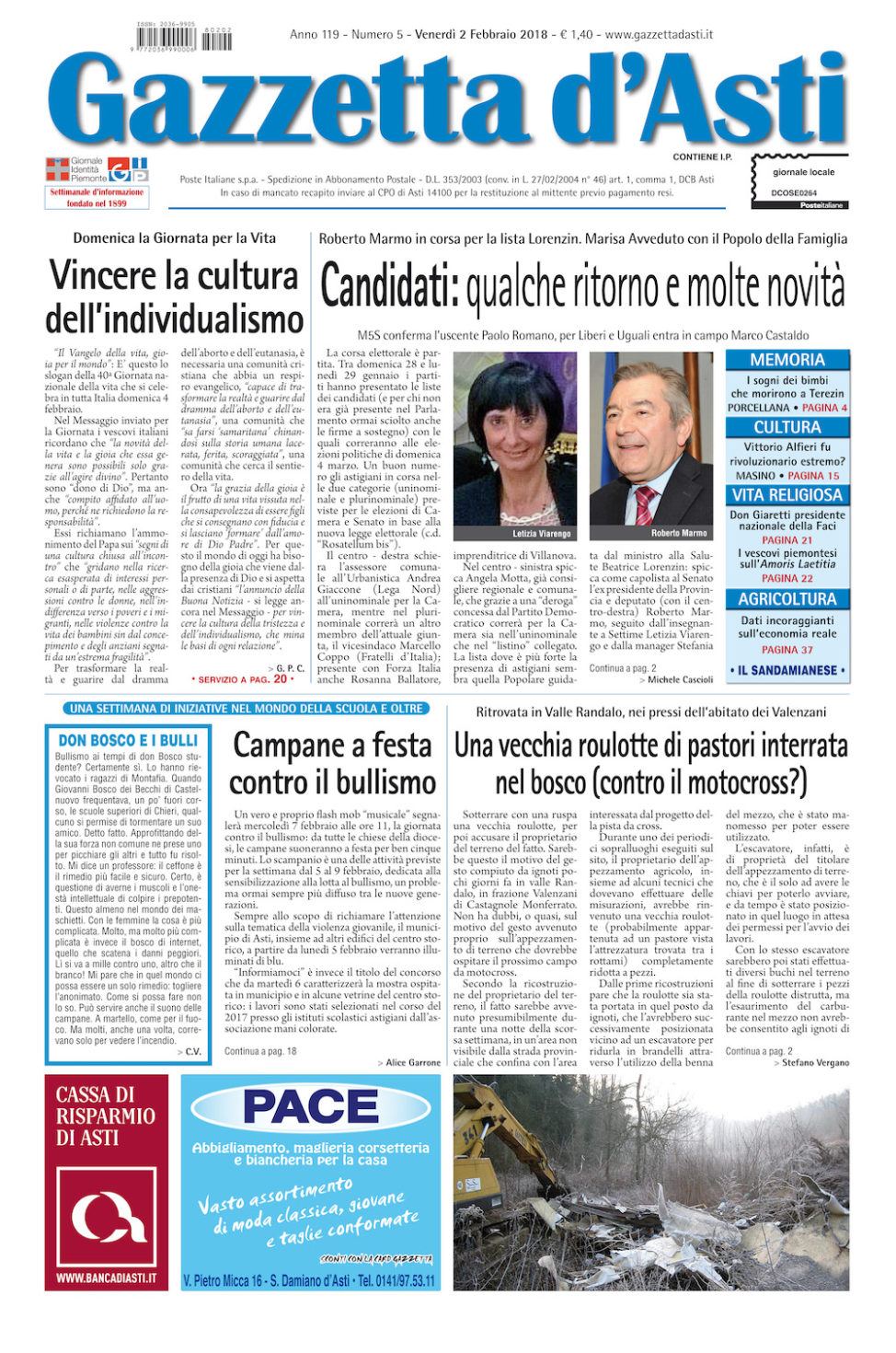 Prima pagina 2 febbraio 2018