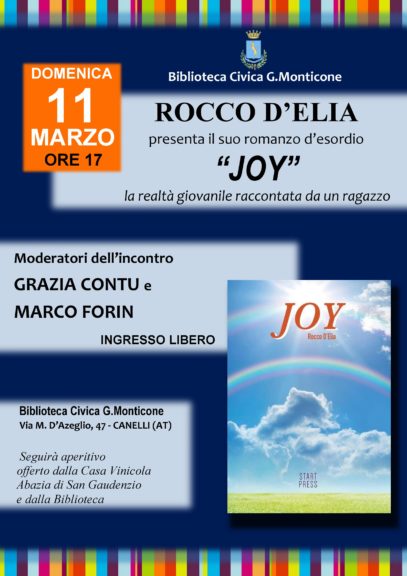 A Canelli si presenta “Joy”, romanzo d’esordio di Rocco D’Elia