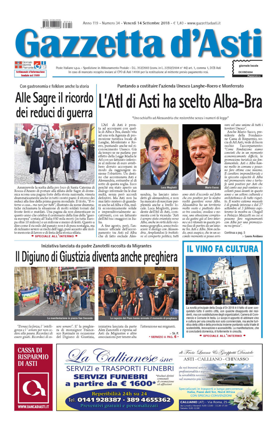 Prima pagina – 14 settembre 2018