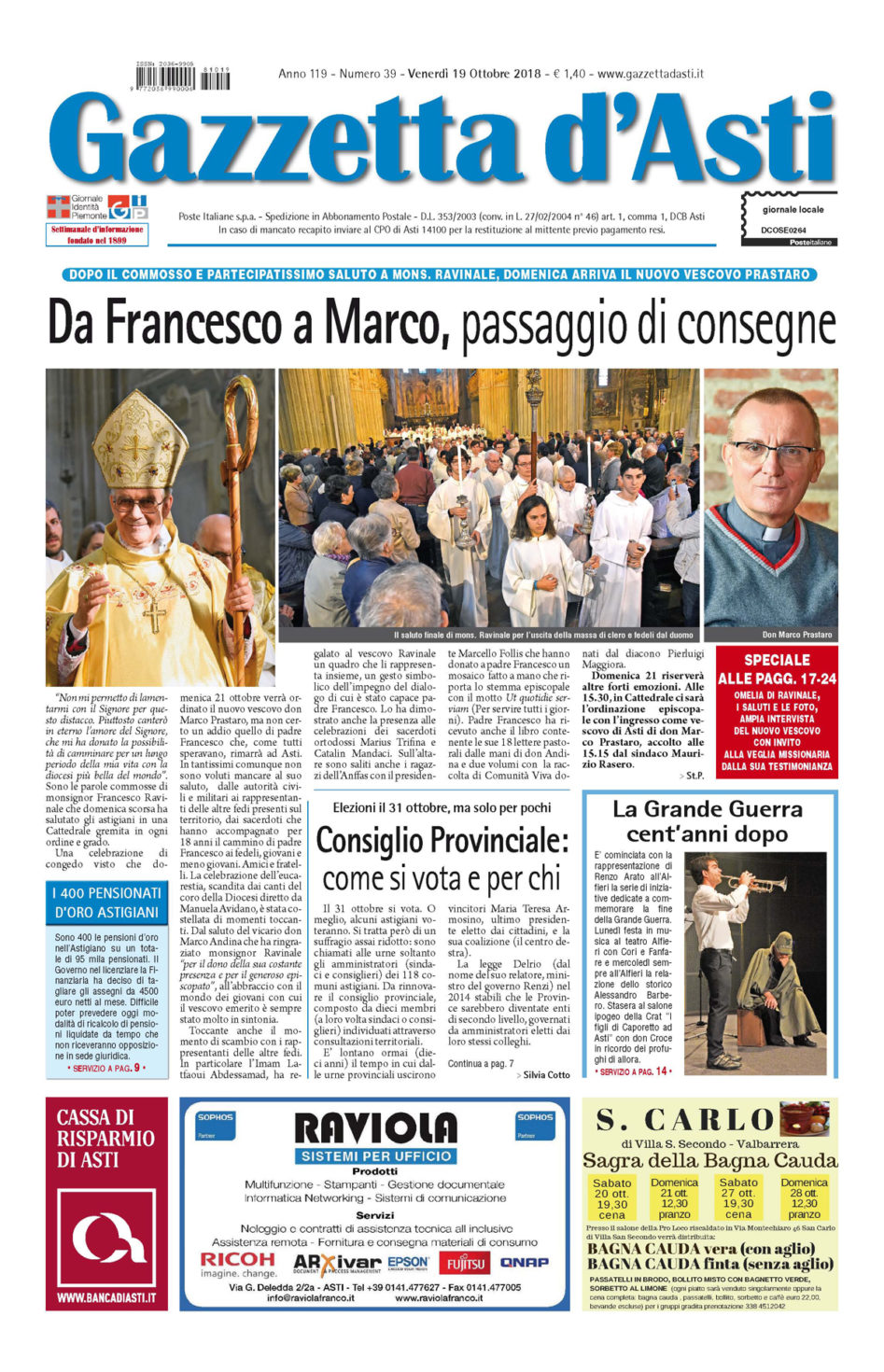 Prima pagina – 19 ottobre 2018