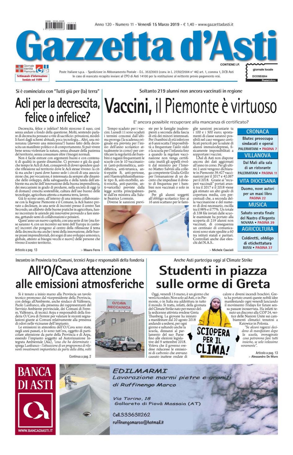 Prima pagina – 15 marzo 2019