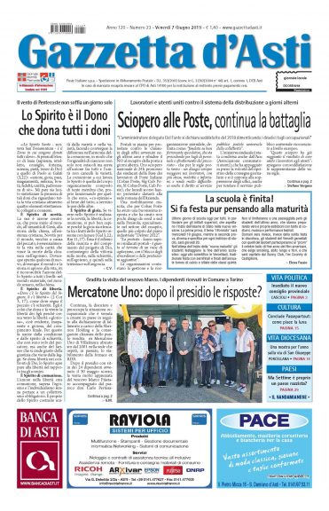 La locandina della Gazzetta d’Asti: i principali argomenti della settimana