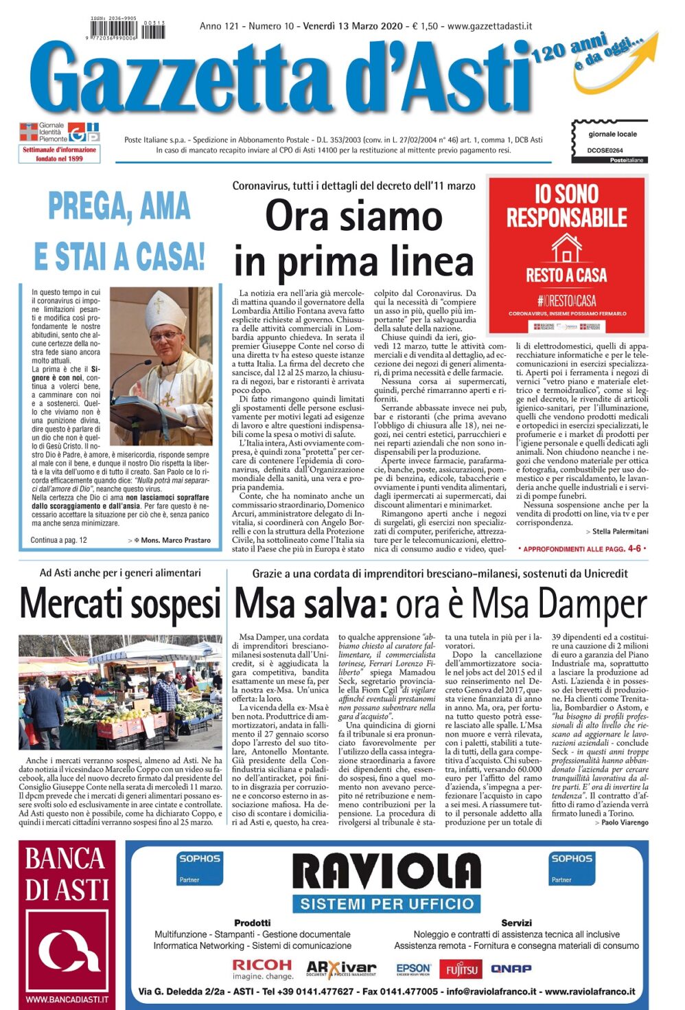 Prima pagina – venerdì 13 marzo 2020