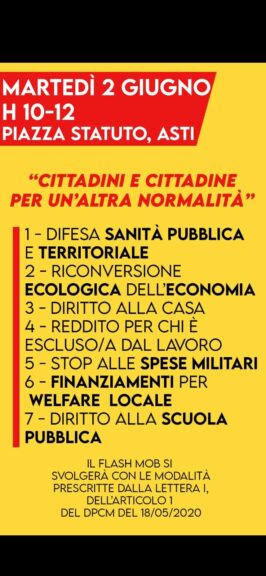 Asti, il 2 giugno flash mob in piazza Statuto “per un’altra normalità”