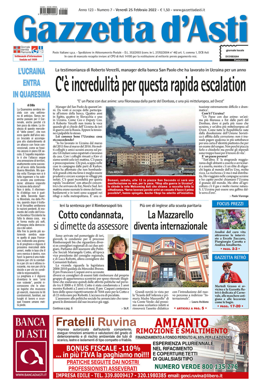 Prima pagina – 25 febbraio 2022