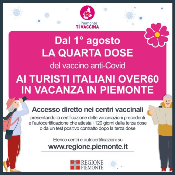 Dal 1° agosto quarta dose in Piemonte per i turisti over 60