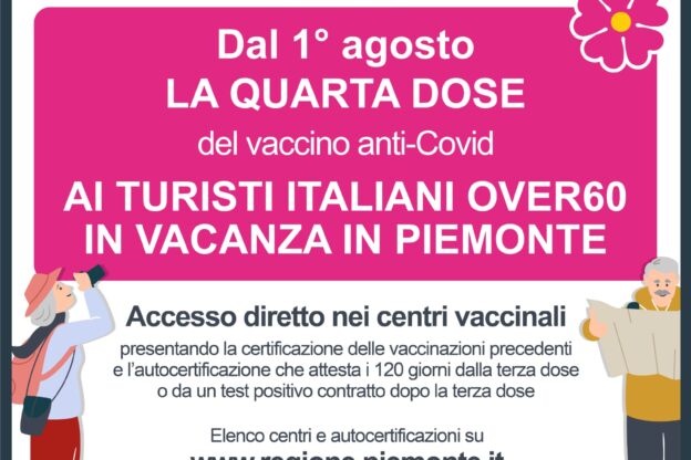 Dal 1° agosto quarta dose in Piemonte per i turisti over 60