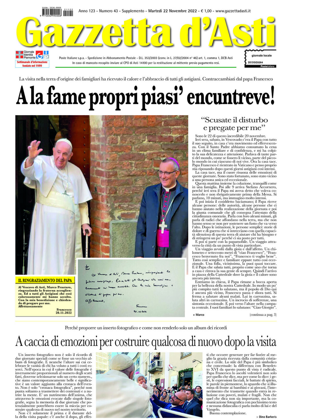 Prima pagina (speciale Papa Francesco) – 22 novembre 2022