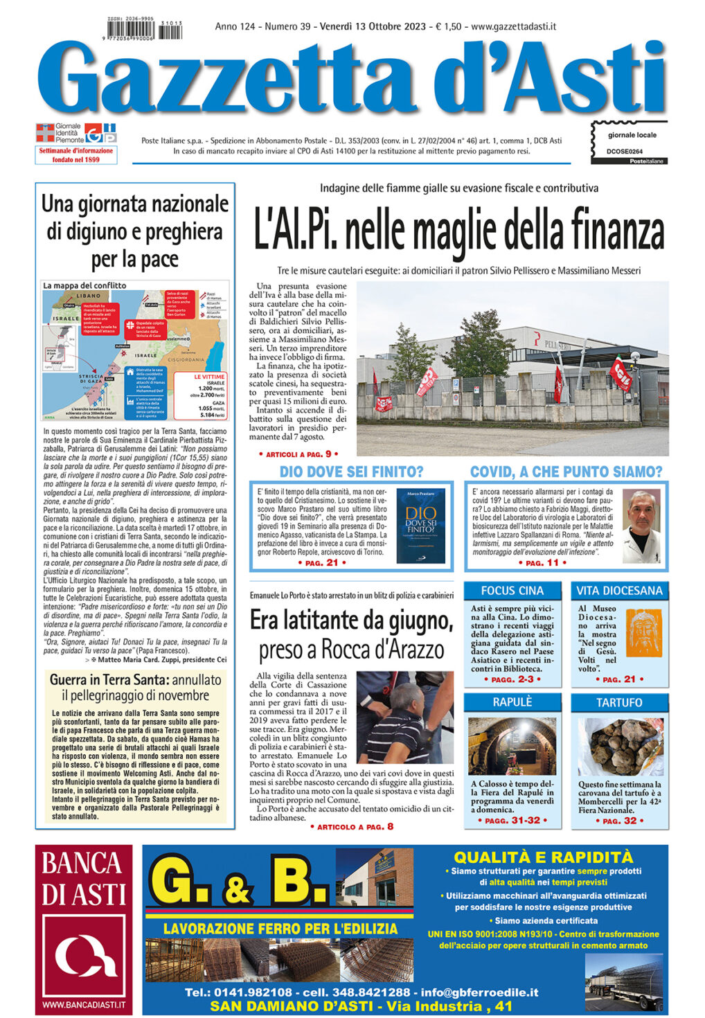 Prima pagina – 13 ottobre 2023