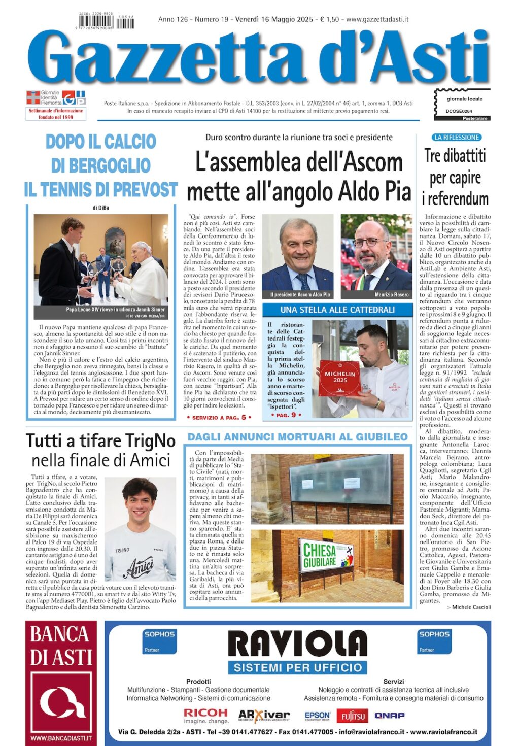 Prima pagina – 16 maggio 2025