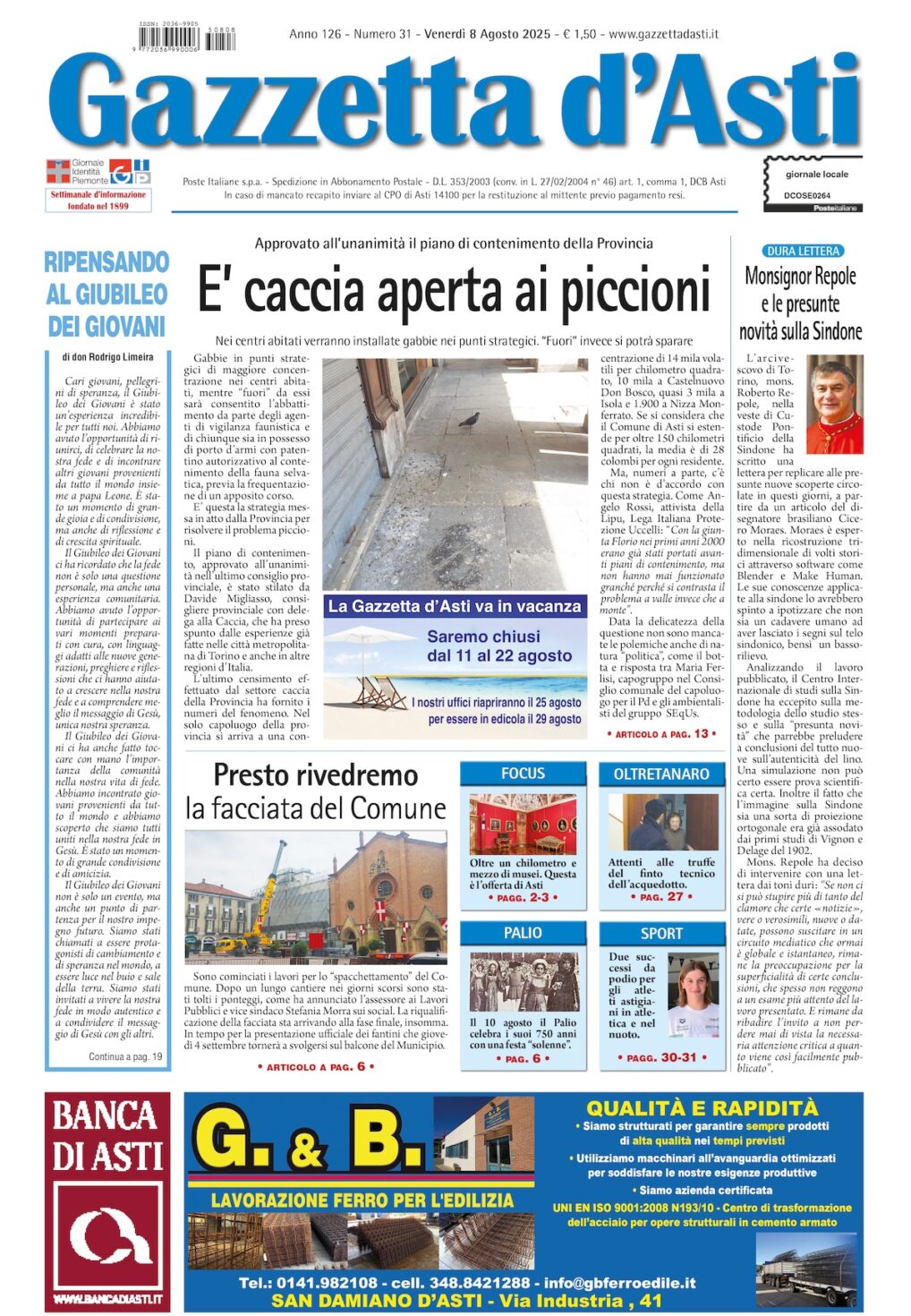 Prima pagina – 8 agosto 2025