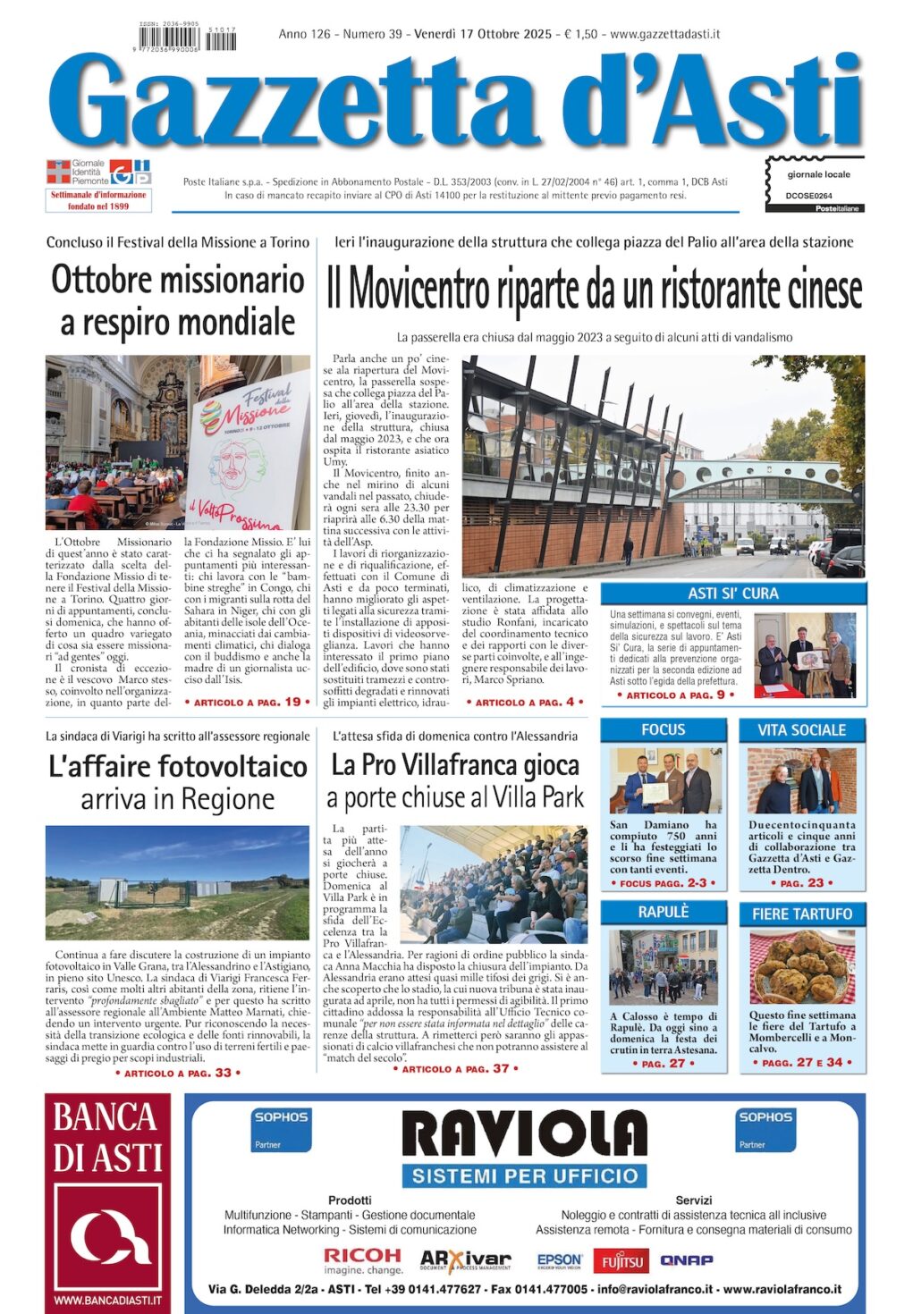 Prima pagina – 17 ottobre 2025