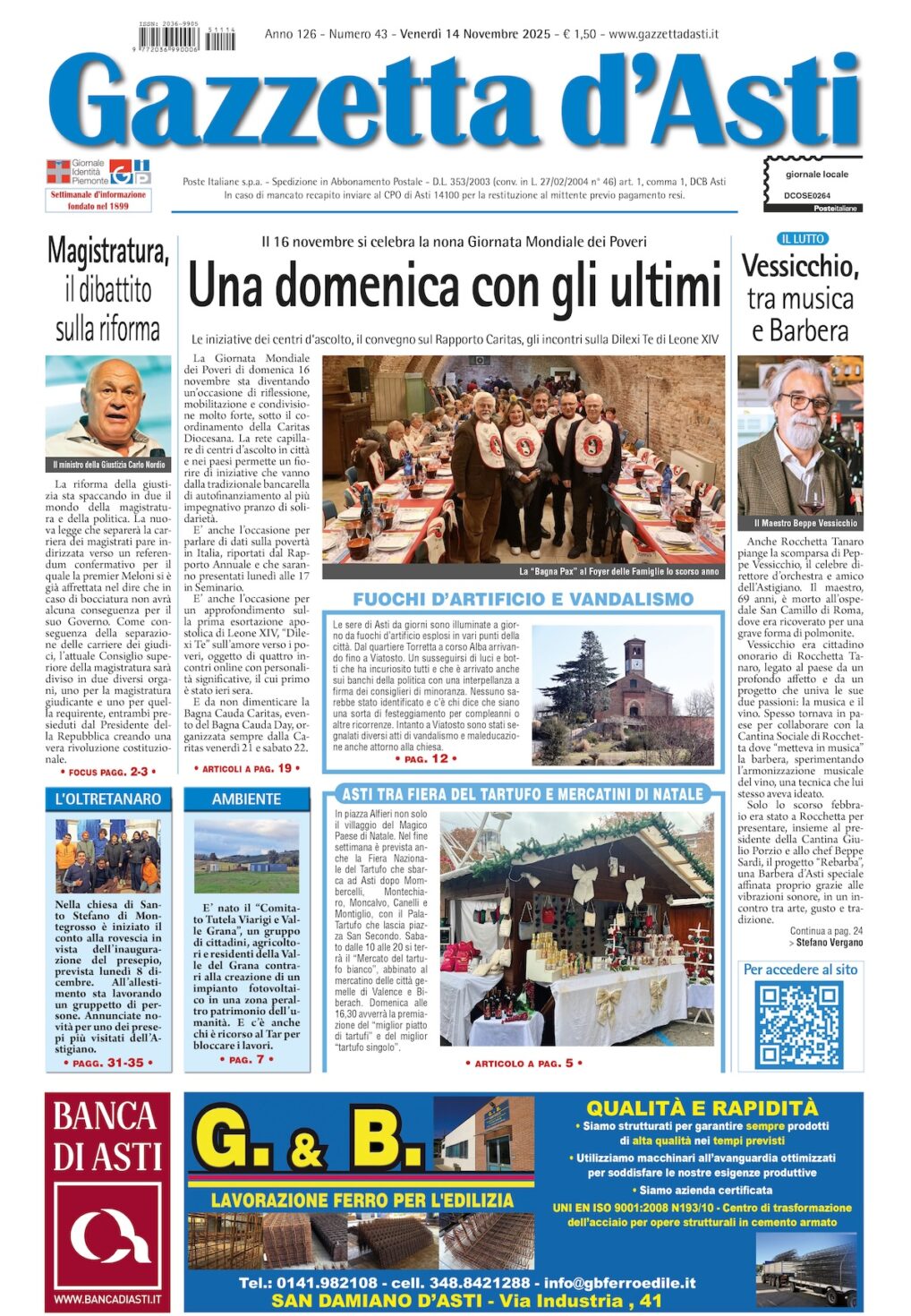 Prima pagina – 14 novembre 2025